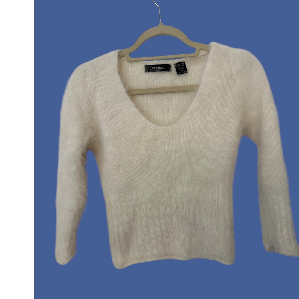 Express Vintage Angora Rabbit Hair Blend Fuzzy V-Neck Sweater Cream White Medium